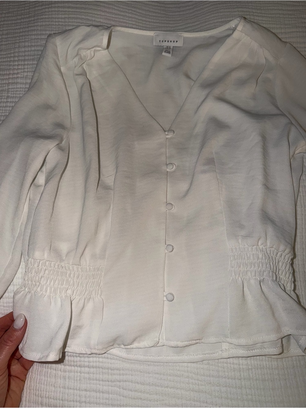 Topshop Cream V-Neck Button Front Peplum Blouse - Picture 3 of 5